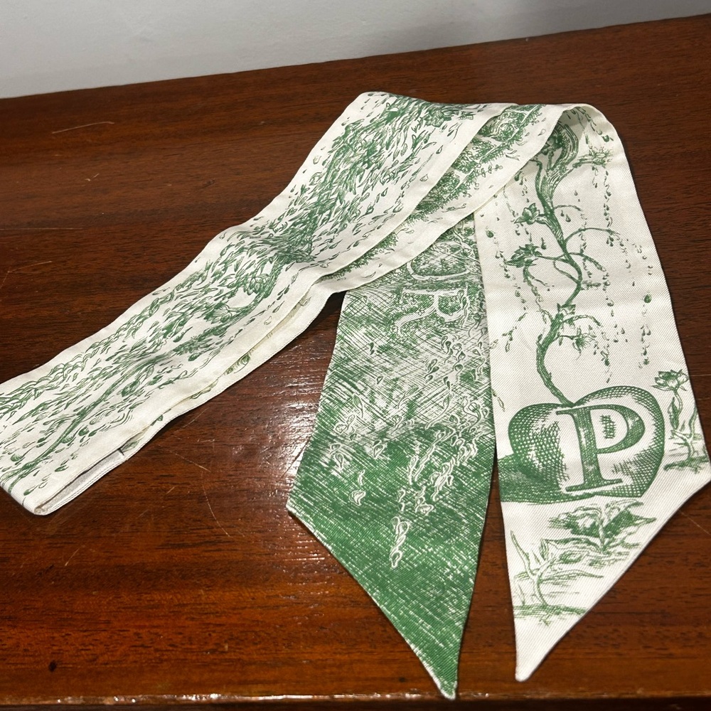 Dior Silk Twilly with Green Floral Accents EUC